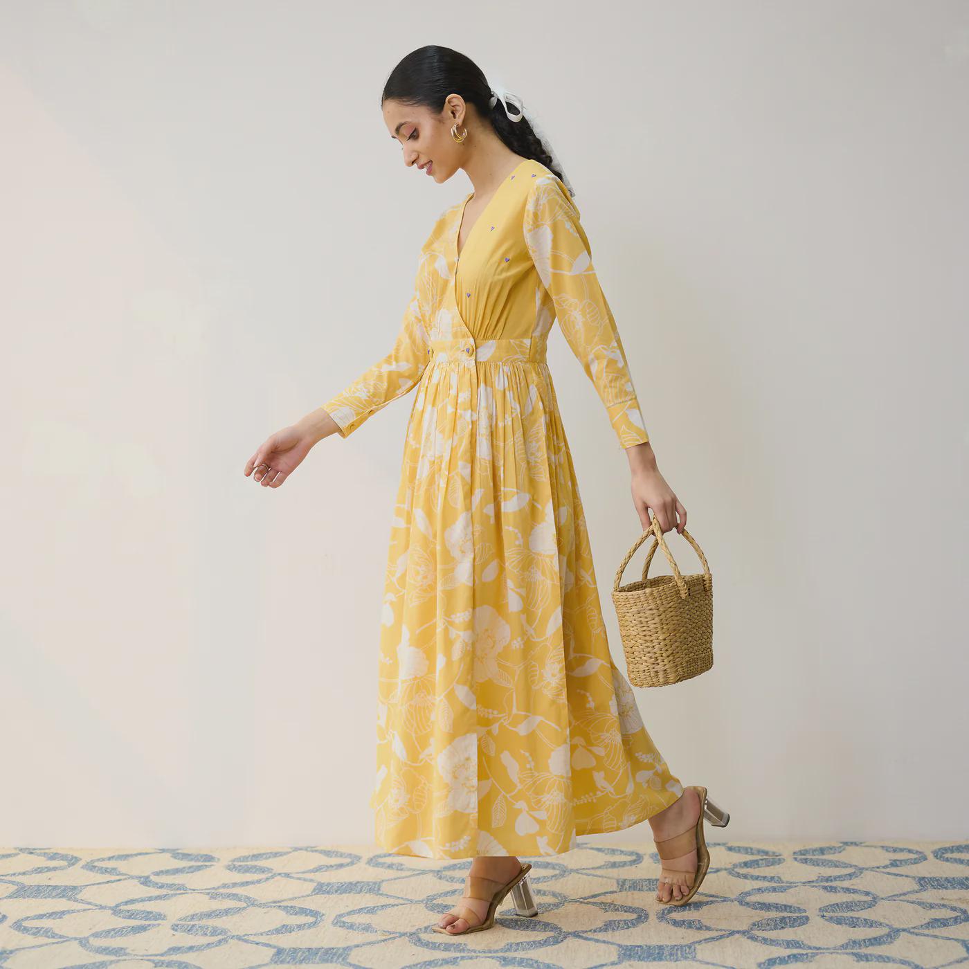 Yellow Cotton Overlap Dress