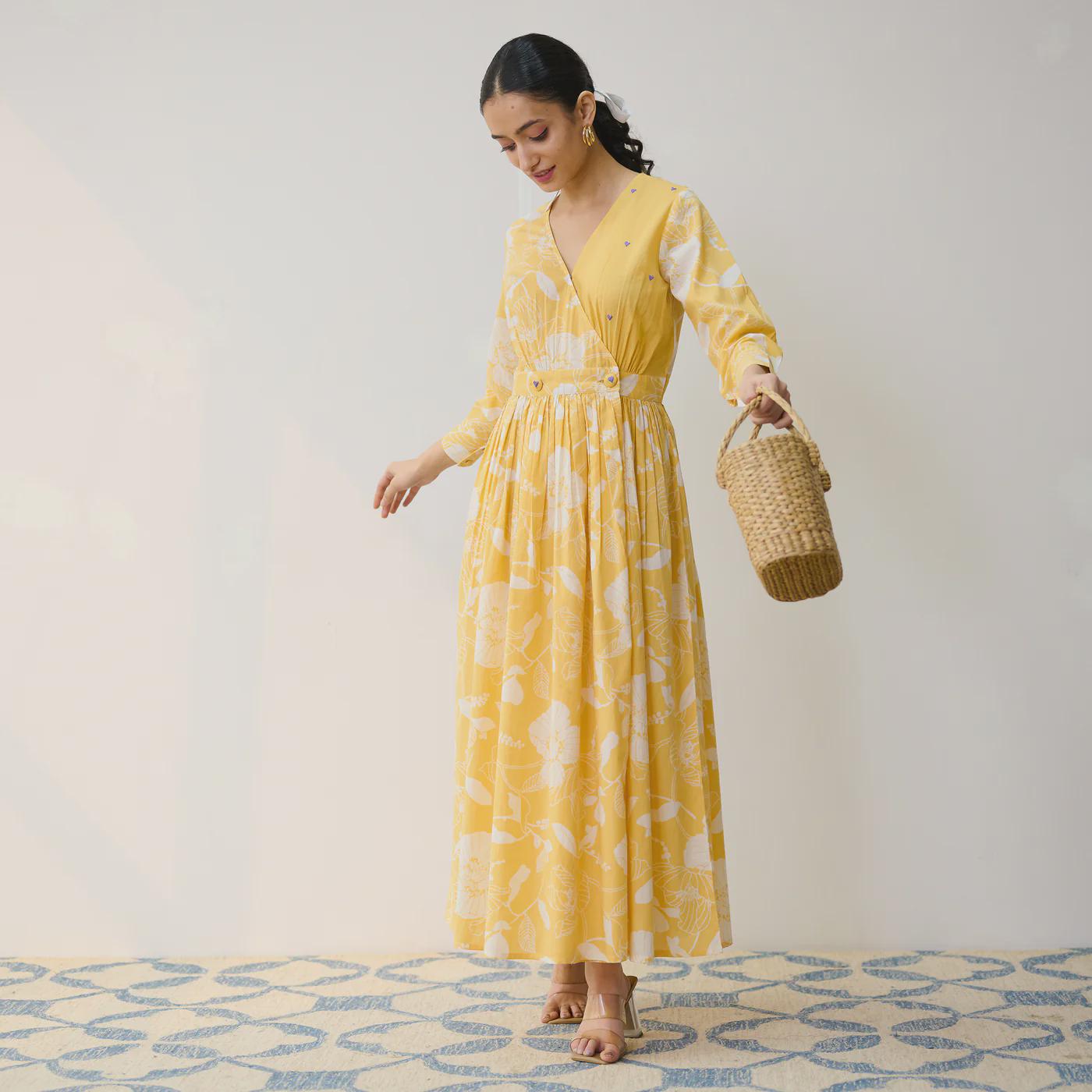 Yellow Cotton Overlap Dress