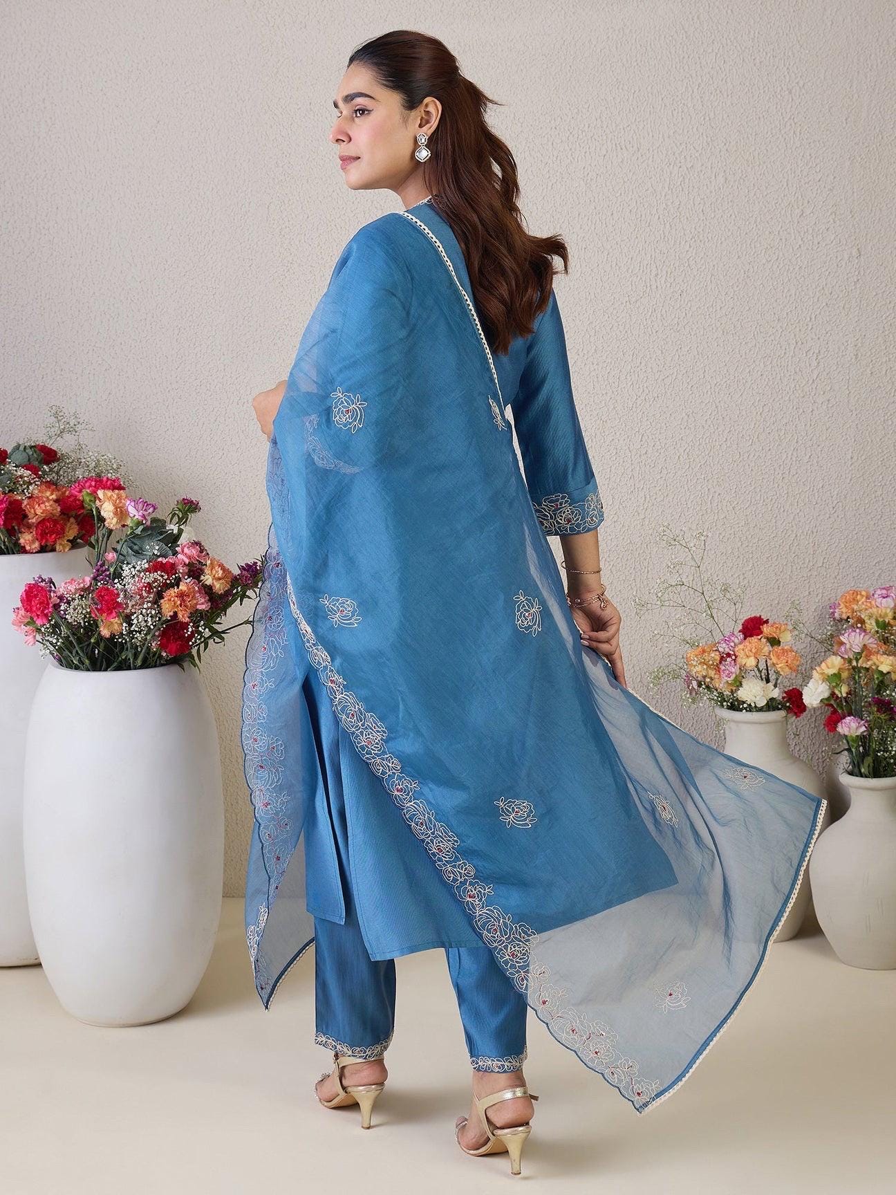 Blue Embroidered Straight Suit Set With Dupatta