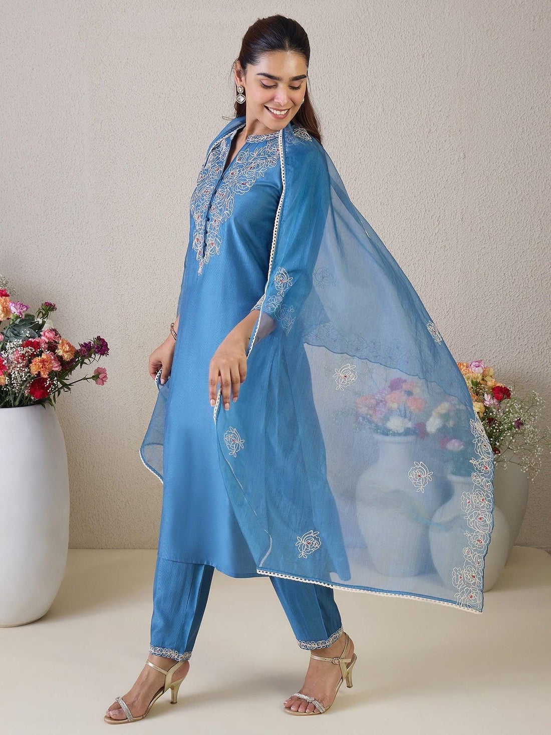 Blue Embroidered Straight Suit Set With Dupatta