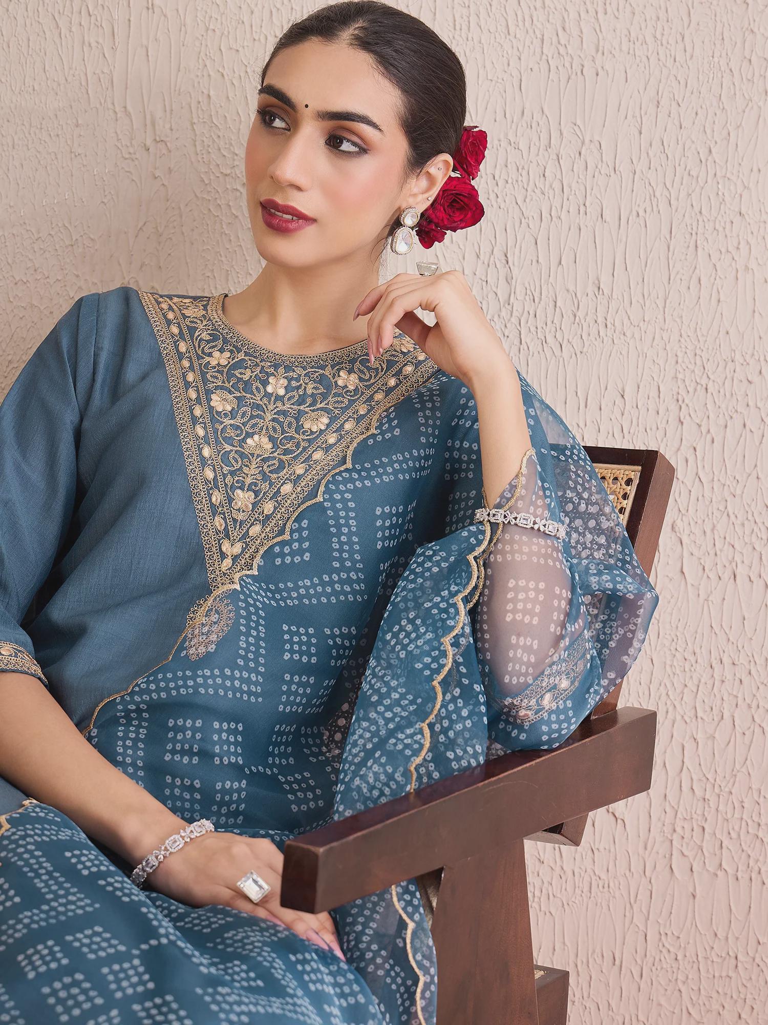 Grey Embroidered Straight Kurta Trousers With Dupatta set