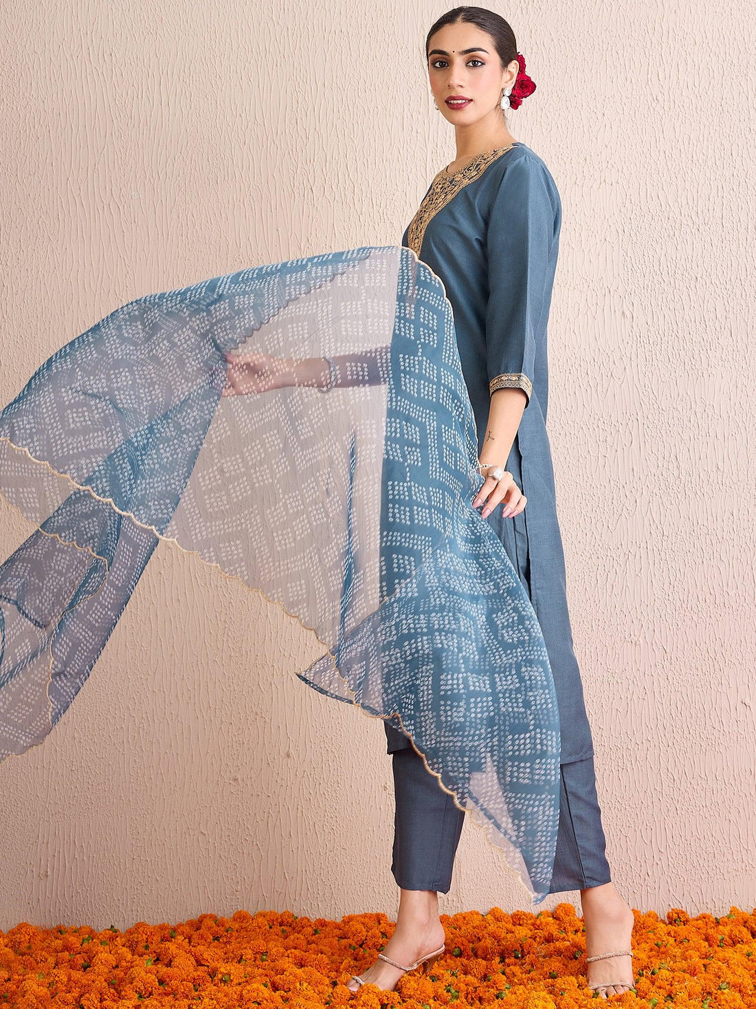 Grey Embroidered Straight Kurta Trousers With Dupatta set