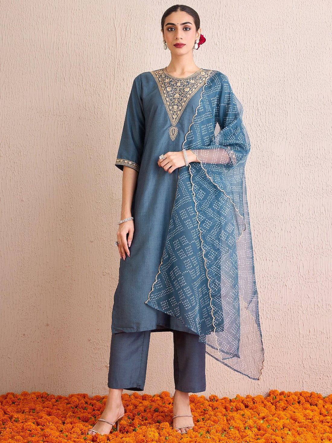 Grey Embroidered Straight Kurta Trousers With Dupatta set