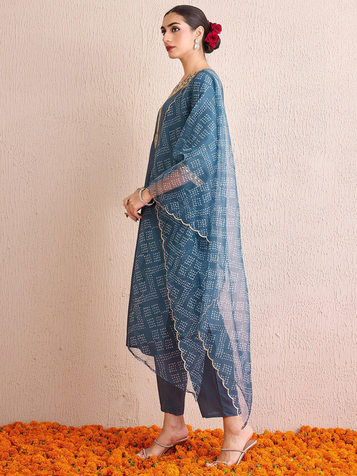 Grey Embroidered Straight Kurta Trousers With Dupatta set