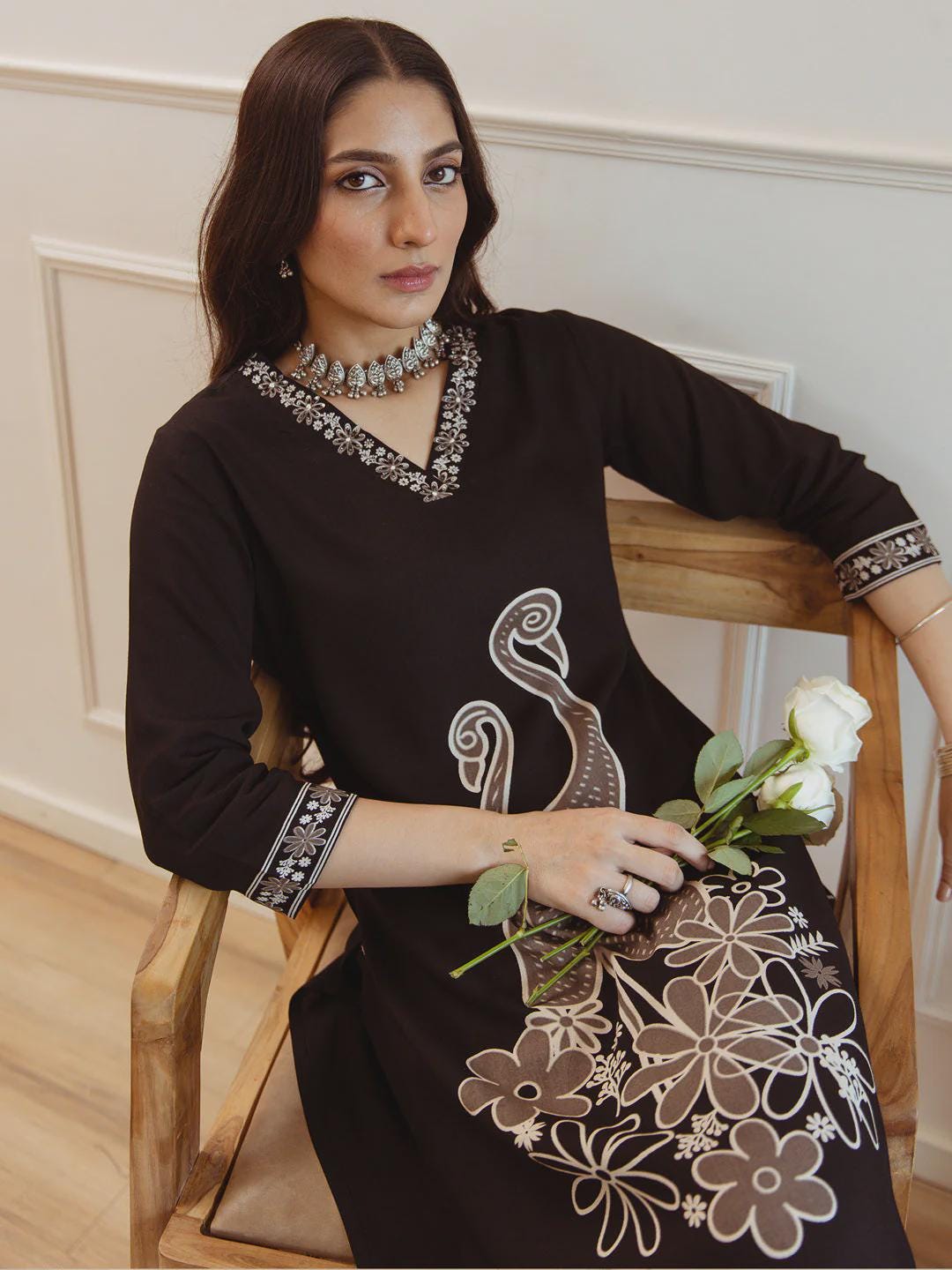 Black Embroidered Straight Kurta Set