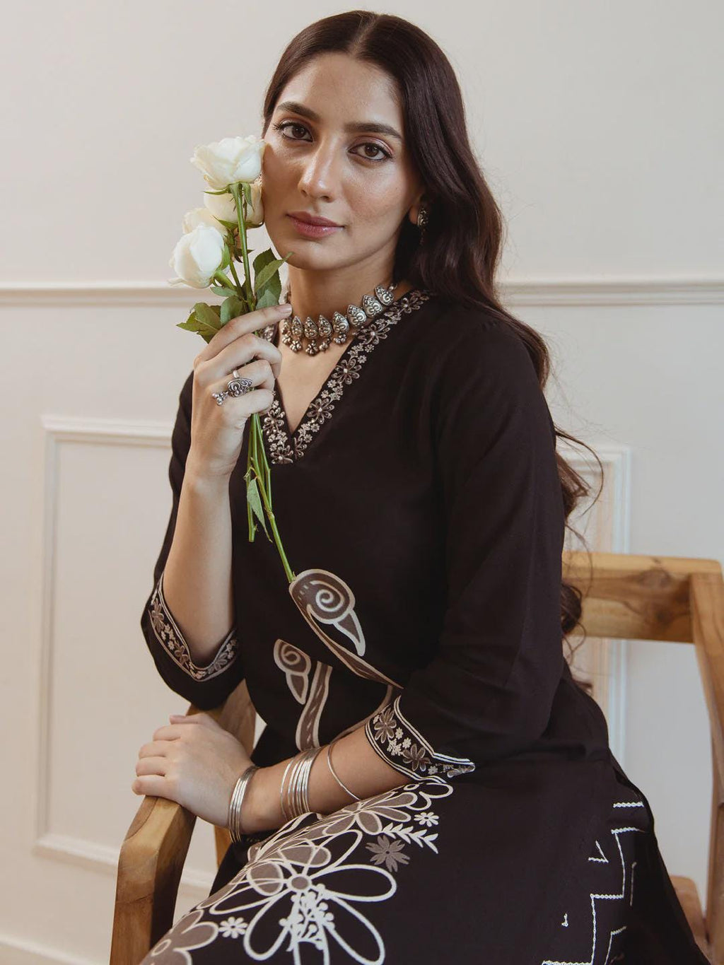 Black Embroidered Straight Kurta Set