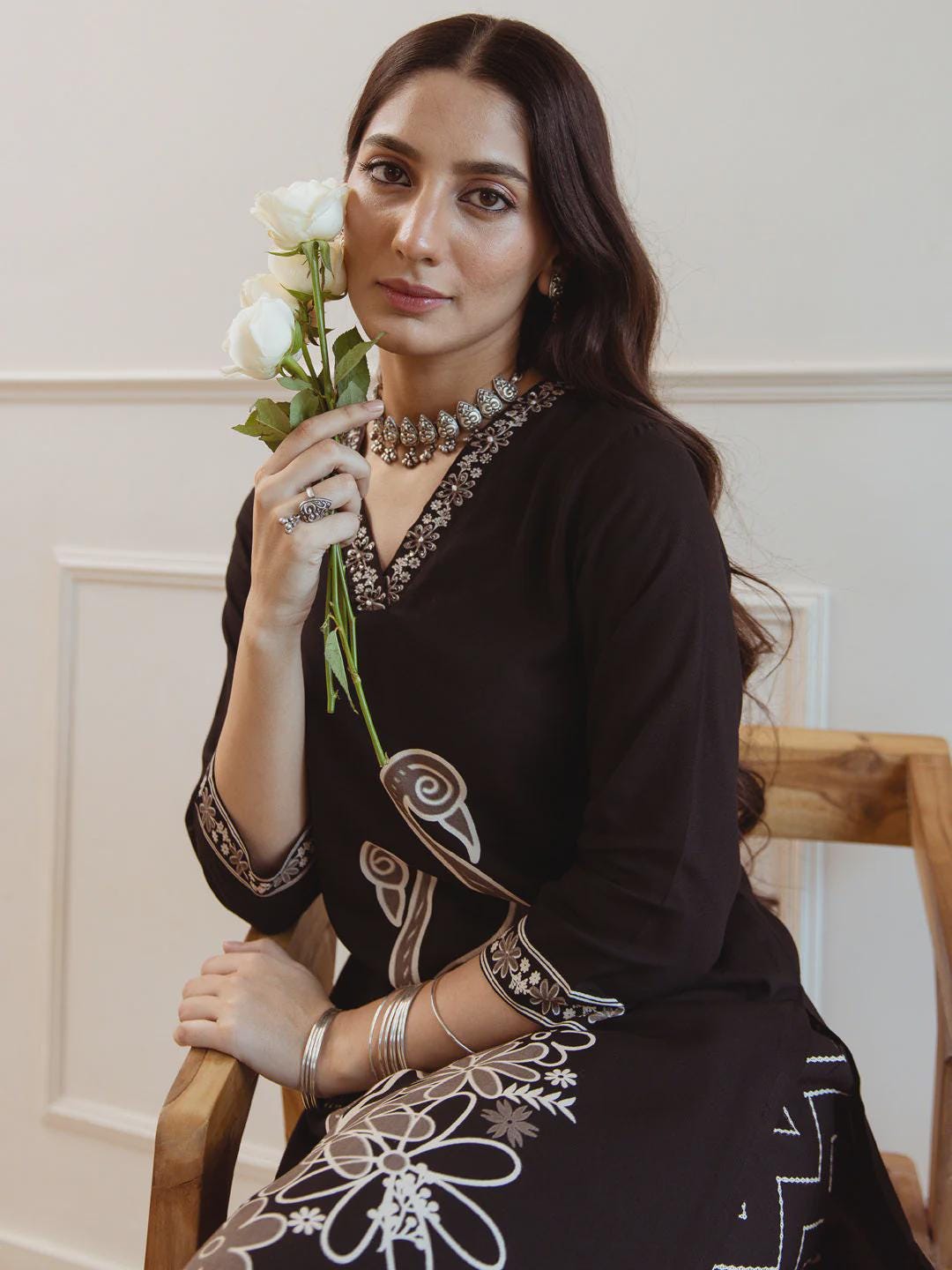 Black Embroidered Straight Kurta Set