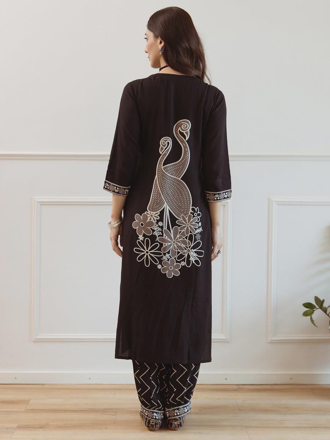 Black Embroidered Straight Kurta Set