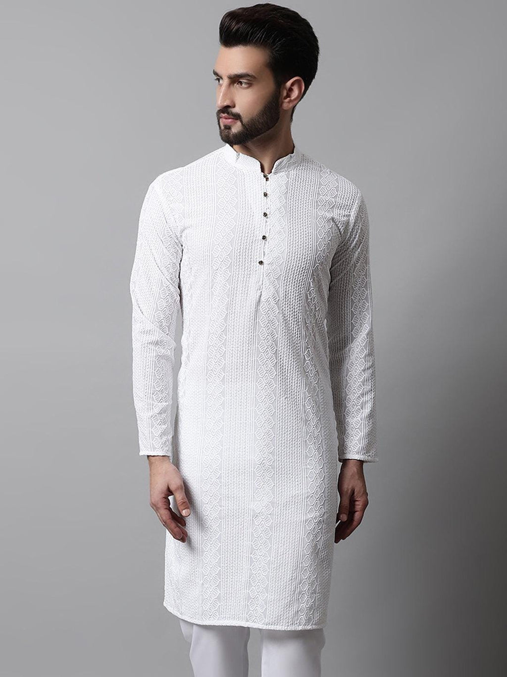White Textured Weave Kurta Set: Men's Cotton Blend, Wedding Festive Wear