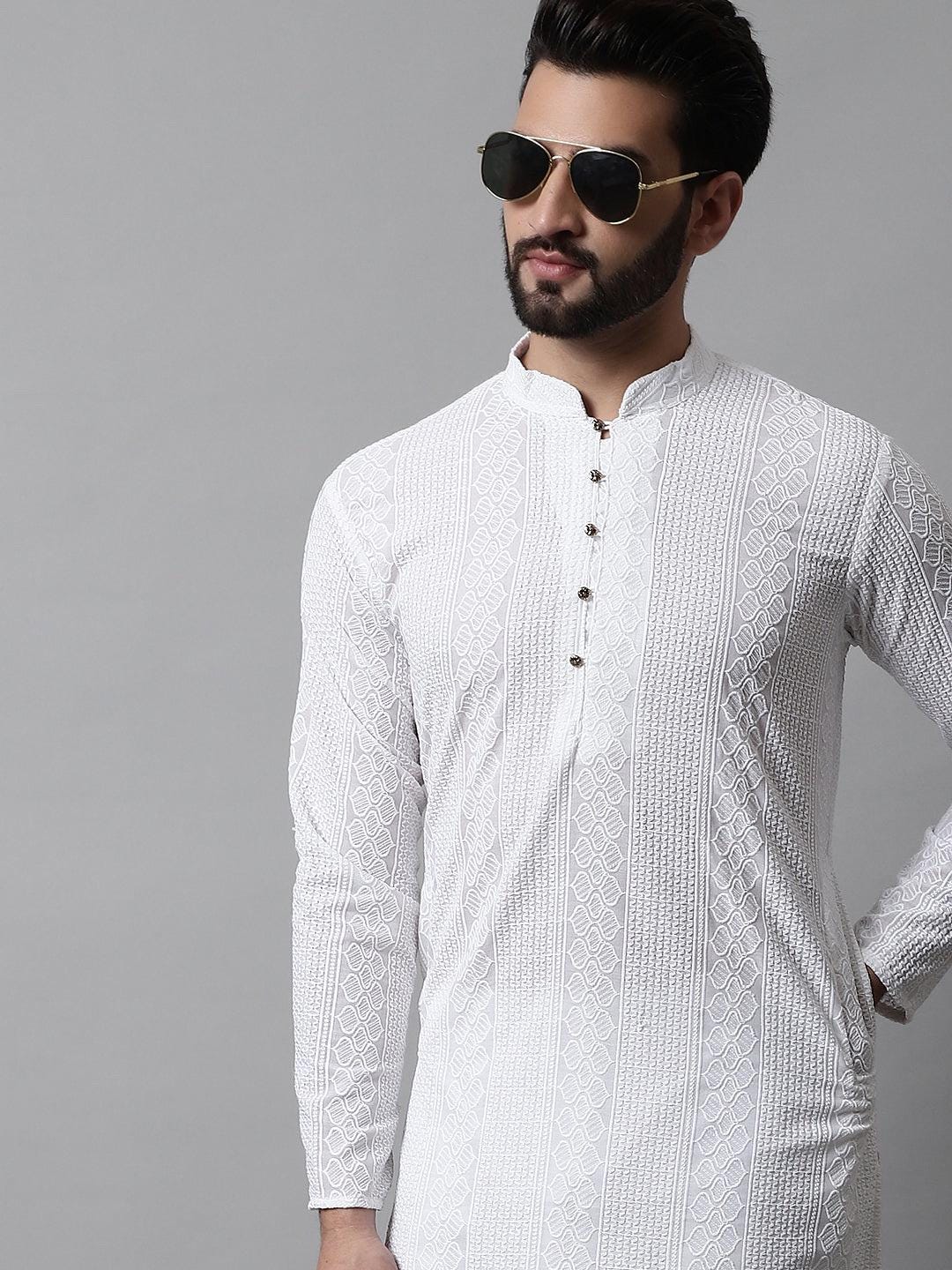 White Textured Weave Kurta Set: Men's Cotton Blend, Wedding Festive Wear