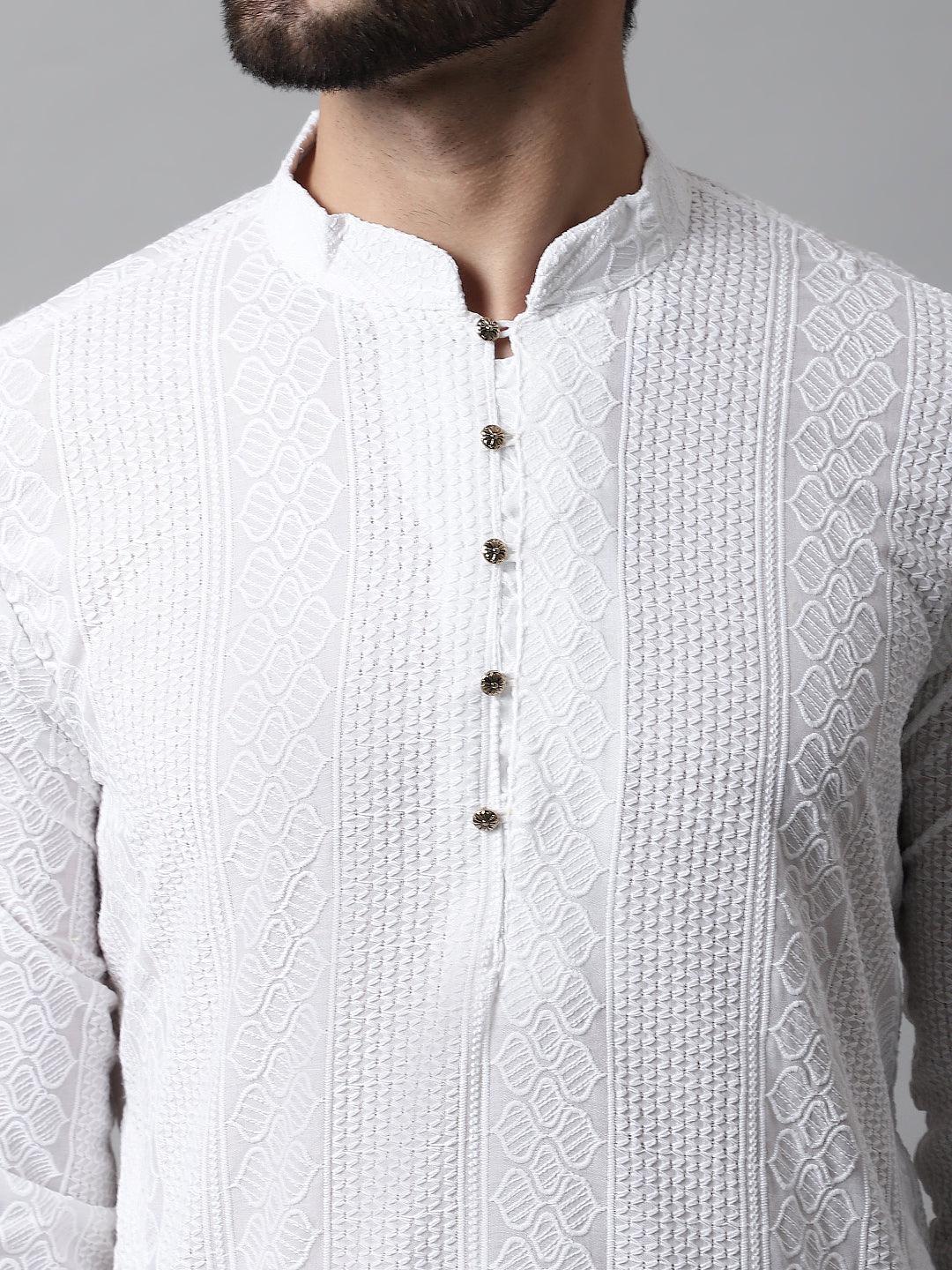 White Textured Weave Kurta Set: Men's Cotton Blend, Wedding Festive Wear