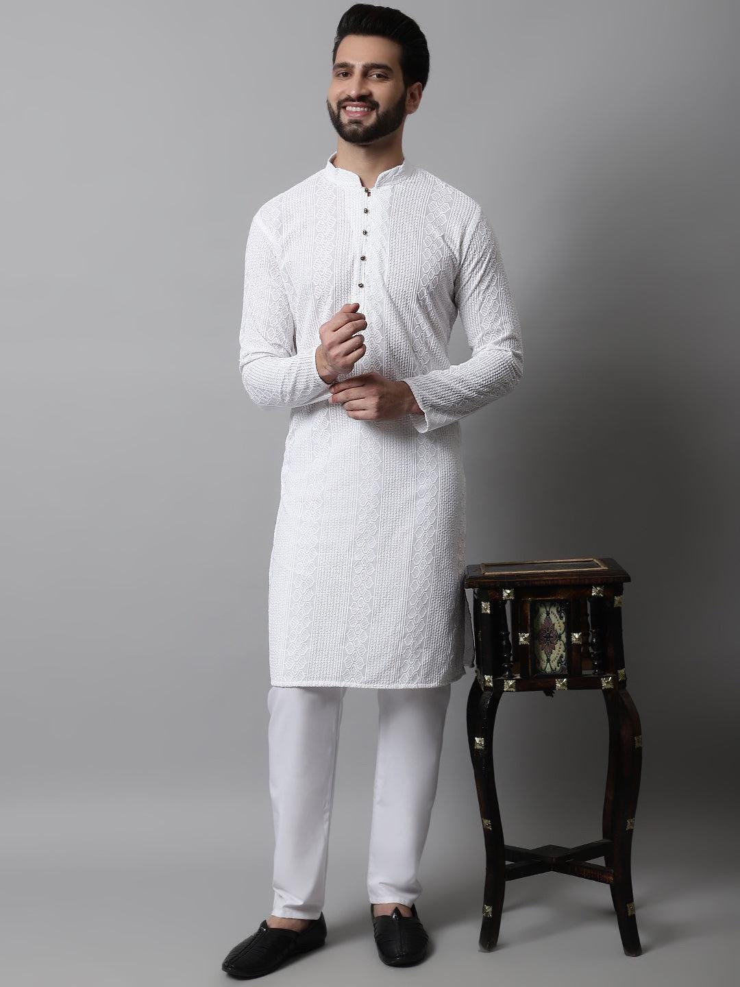 White Textured Weave Kurta Set: Men's Cotton Blend, Wedding Festive Wear