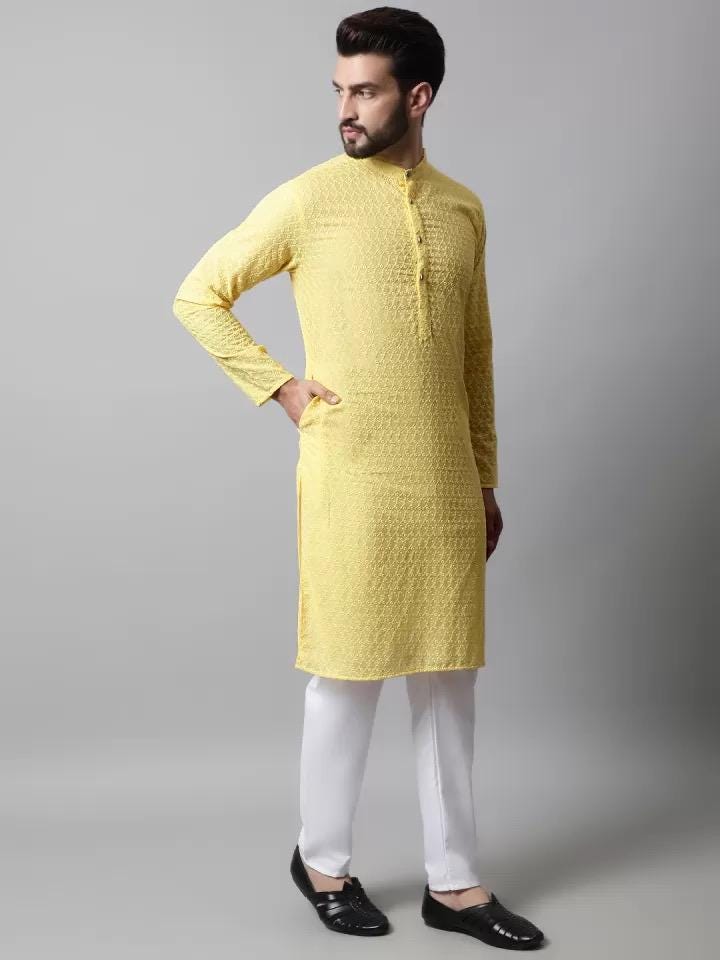 Men's Yellow Embroidered Kurta Set: Cotton Blend, White Churidar Bottoms