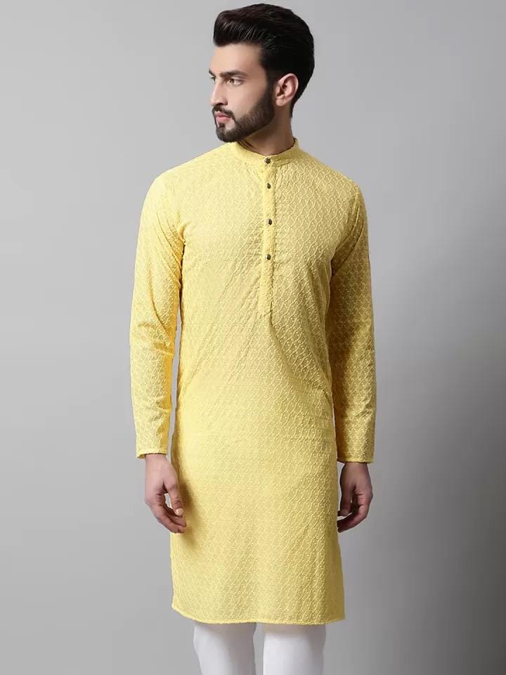 Men's Yellow Embroidered Kurta Set: Cotton Blend, White Churidar Bottoms
