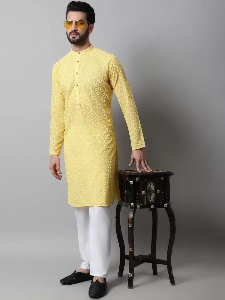 Men's Yellow Embroidered Kurta Set: Cotton Blend, White Churidar Bottoms