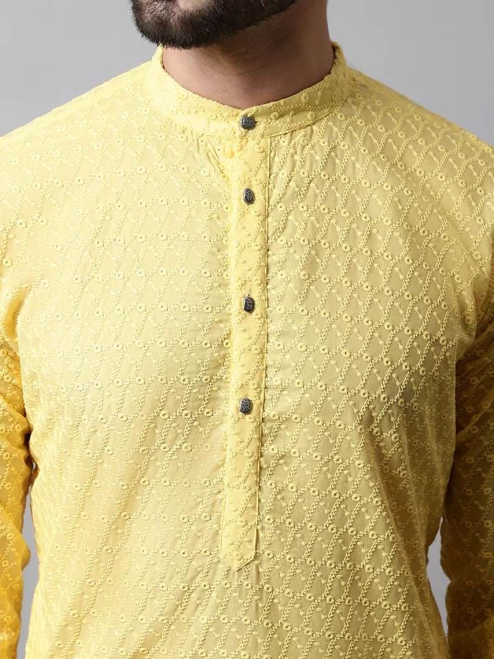 Men's Yellow Embroidered Kurta Set: Cotton Blend, White Churidar Bottoms