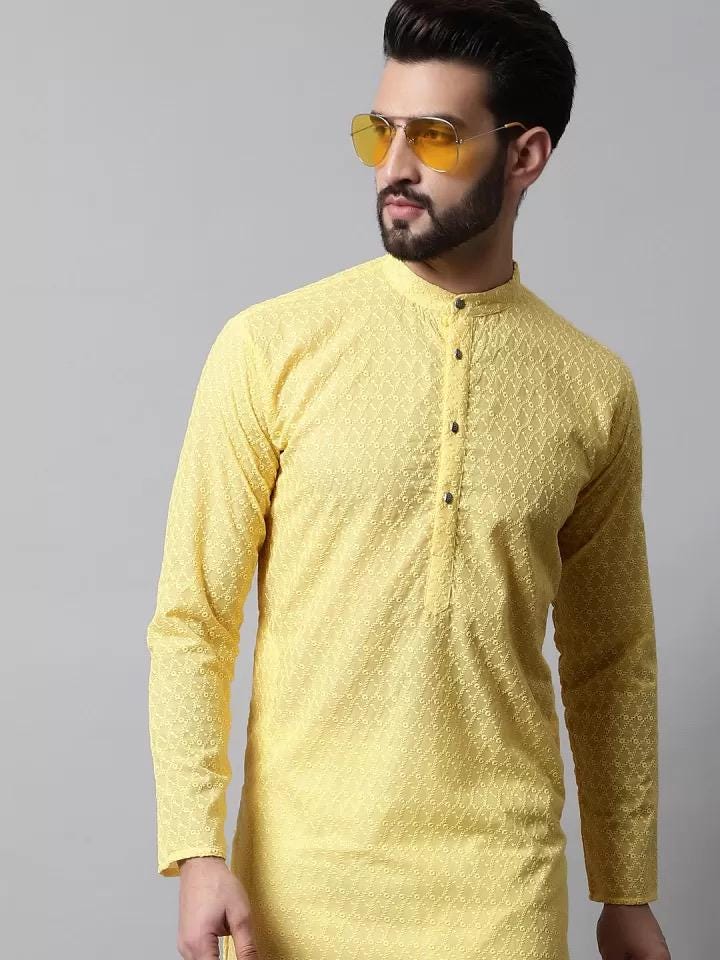 Men's Yellow Embroidered Kurta Set: Cotton Blend, White Churidar Bottoms