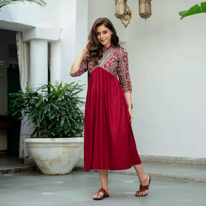 Maroon V Neck Midi Dress