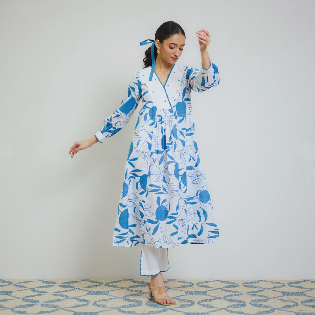 Electric Blue Cotton Kurta Set with Hand Embroidery Detail