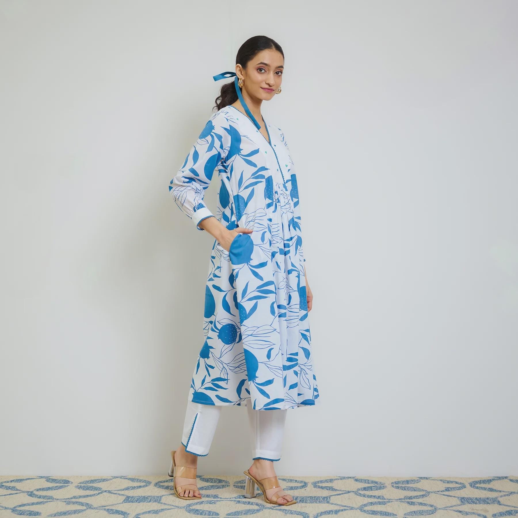 Electric Blue Cotton Kurta Set with Hand Embroidery Detail