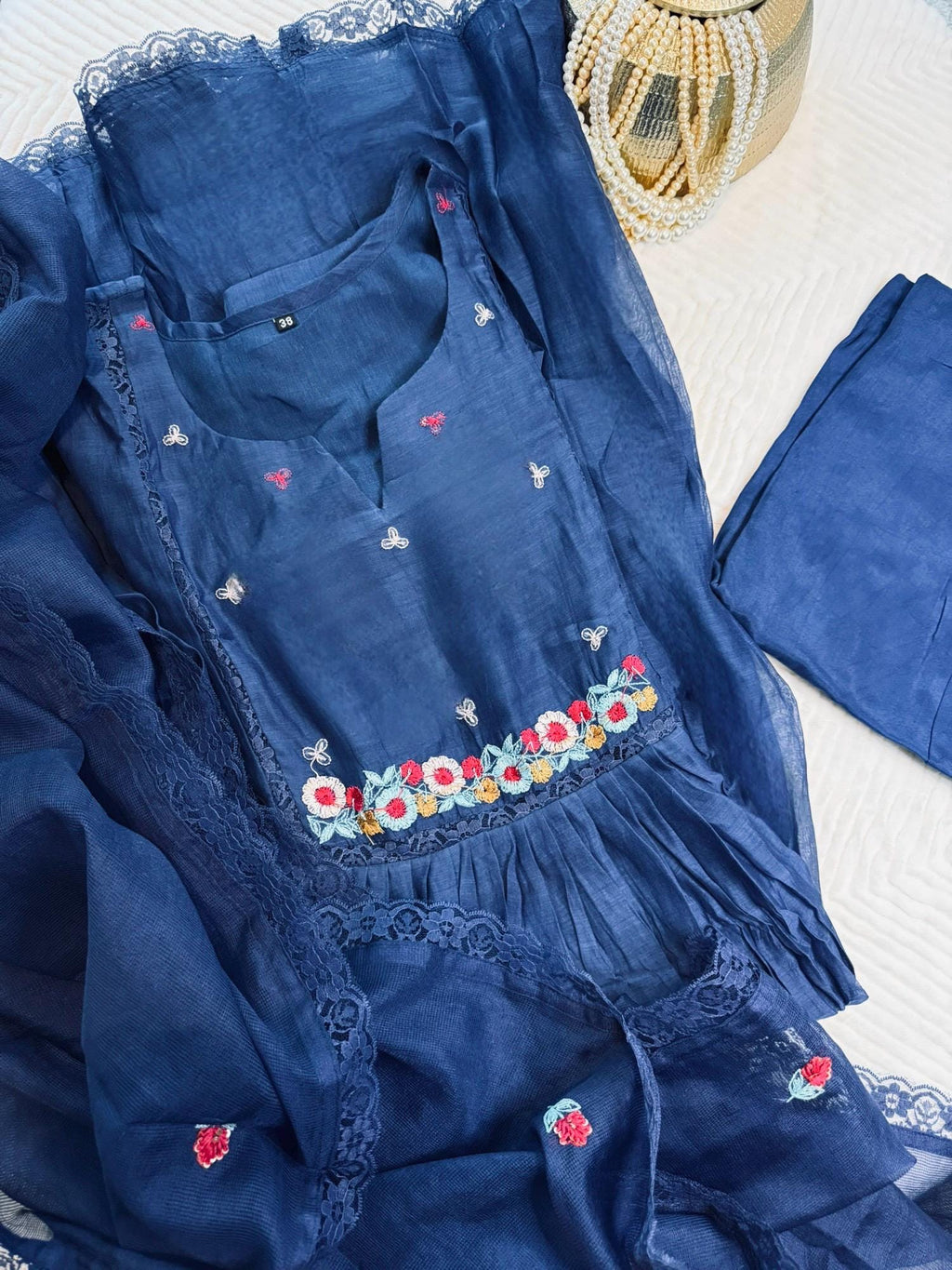 Hand Embroidered Mul Chanderi Suit with Kota Dupatta: Navy Blue A-Line Kurti