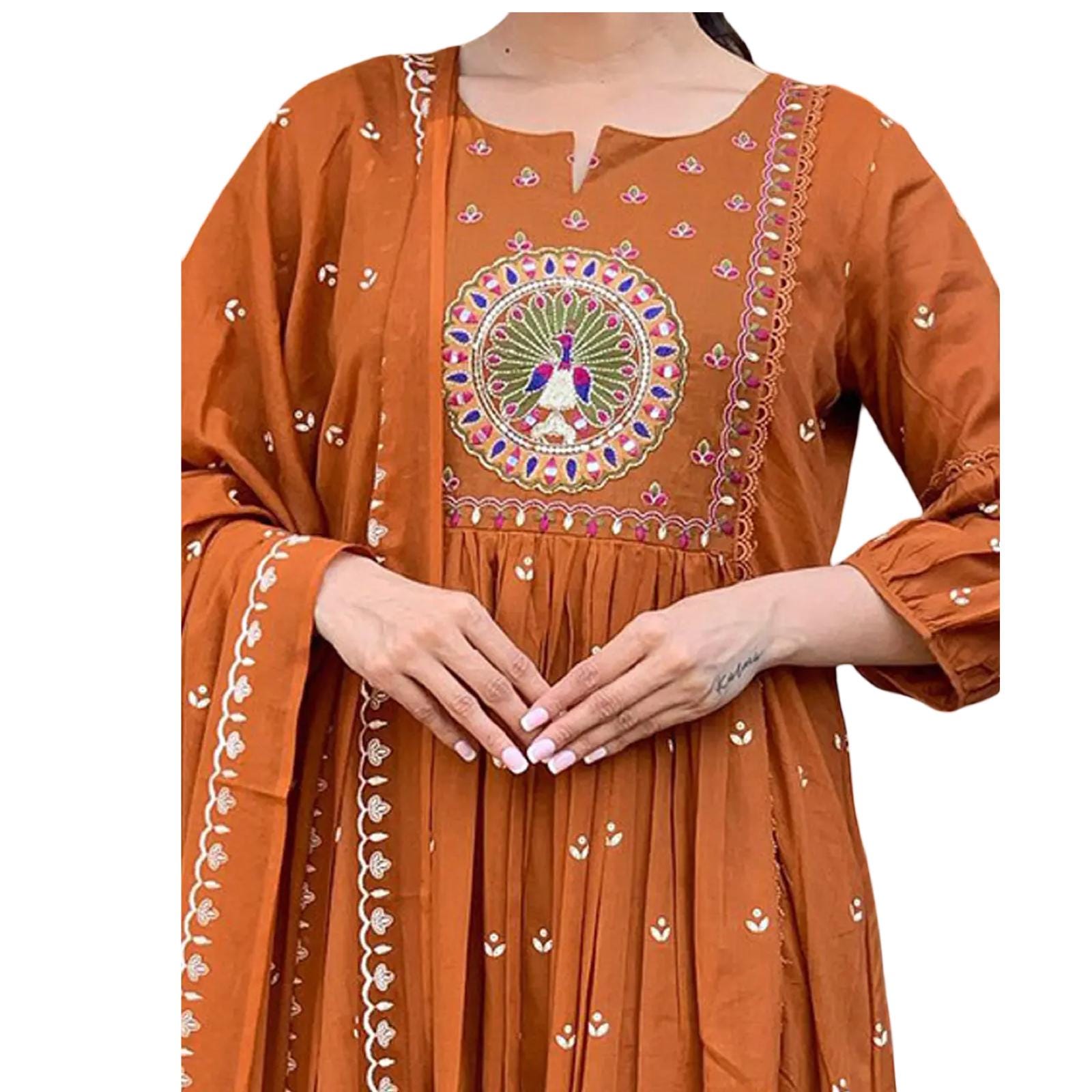Rust Orange Cotton Kurti Set: Embroidered Indian Suit