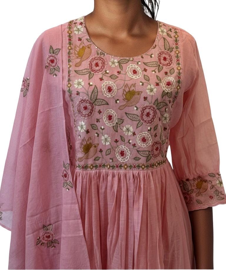 Pink Mul Chanderi Kurti Set: Floral Embroidery, 3-Piece Indian Outfit