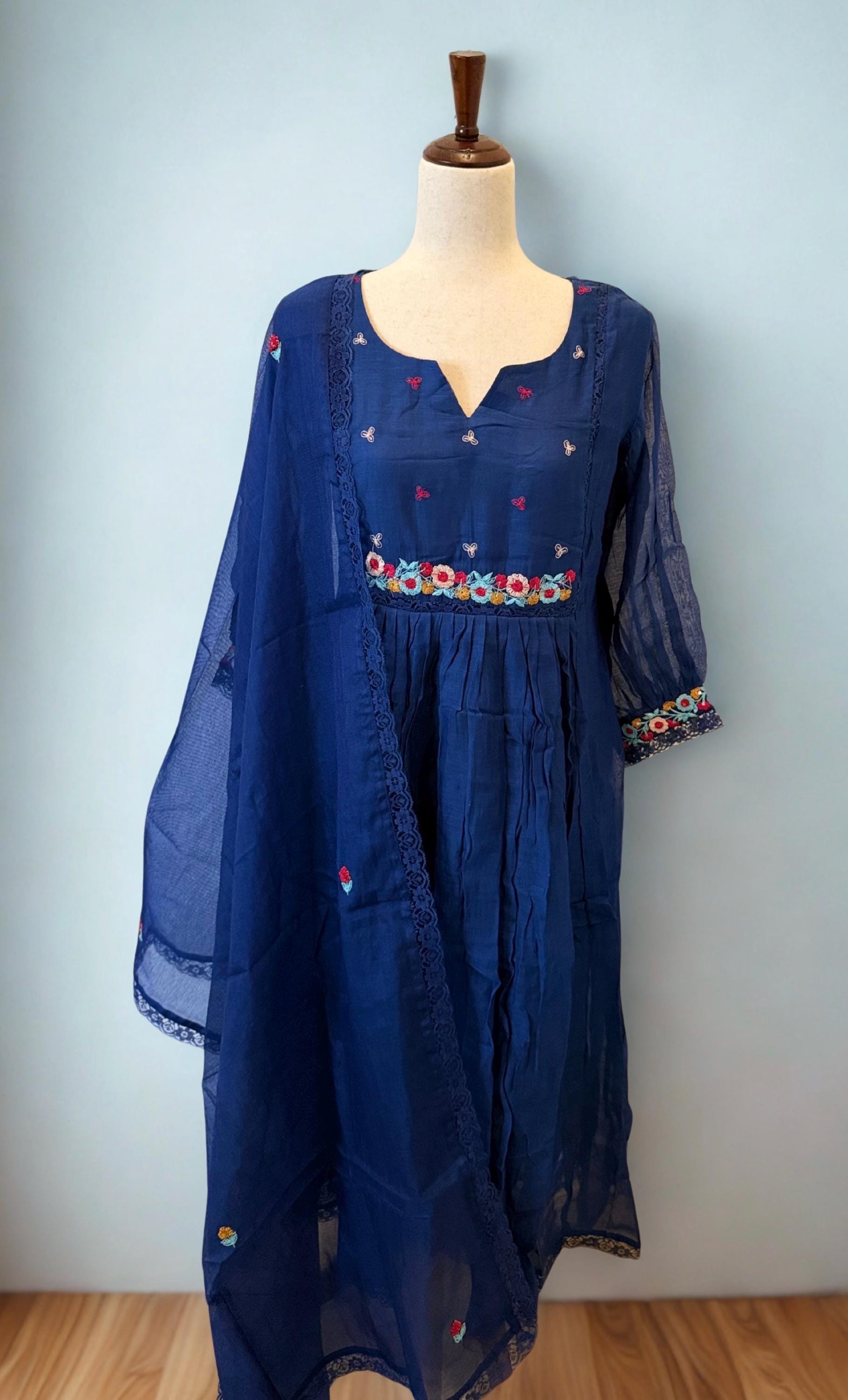Hand Embroidered Mul Chanderi Suit with Kota Dupatta: Navy Blue A-Line Kurti