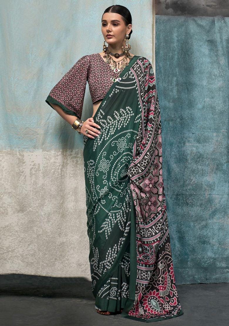 Green Printed Crepe Saree: Lightweight Elegant Ethnic Wear