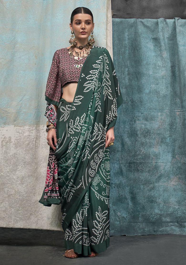 Green Printed Crepe Saree: Lightweight Elegant Ethnic Wear