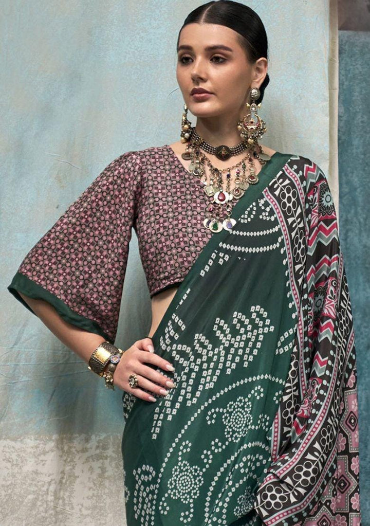 Green Printed Crepe Saree: Lightweight Elegant Ethnic Wear