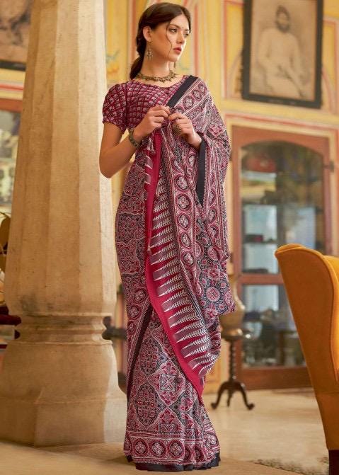 Ajrakh Printed Red Satin Crepe Saree | Elegant Party Wear Saree | Soft Flowing Satin Crepe Saree