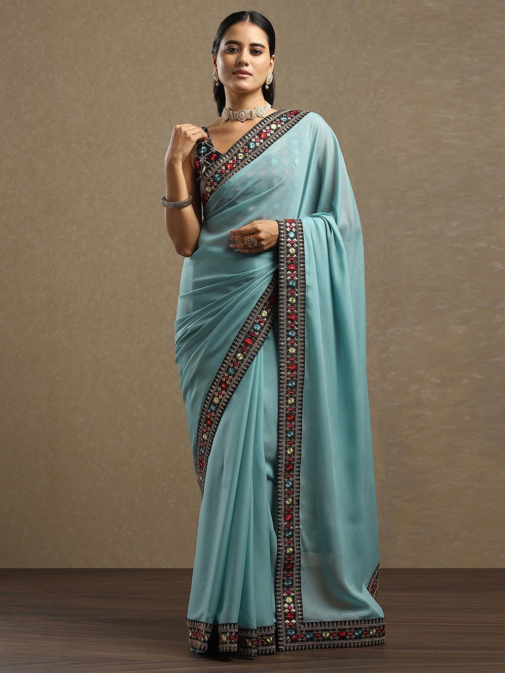Aqua Blue Georgette Saree with Embroidered Sequined Border | Party Wear Saree | Elegant  Ethnic Saree | Soft Drape Saree