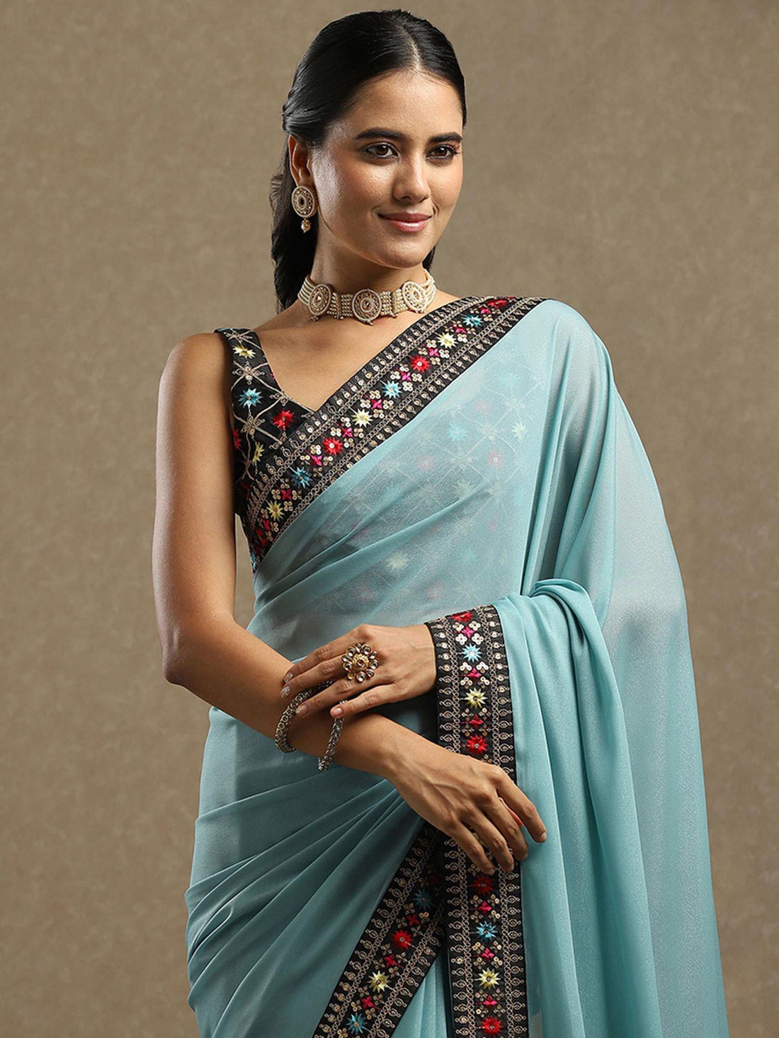 Aqua Blue Georgette Saree with Embroidered Sequined Border | Party Wear Saree | Elegant  Ethnic Saree | Soft Drape Saree