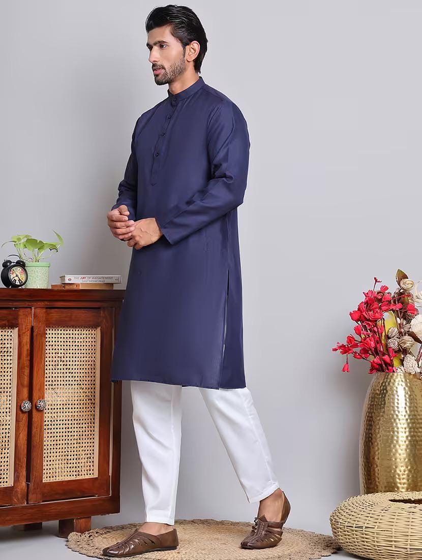 Men’s Navy Blue Solid Cotton Kurta Set
