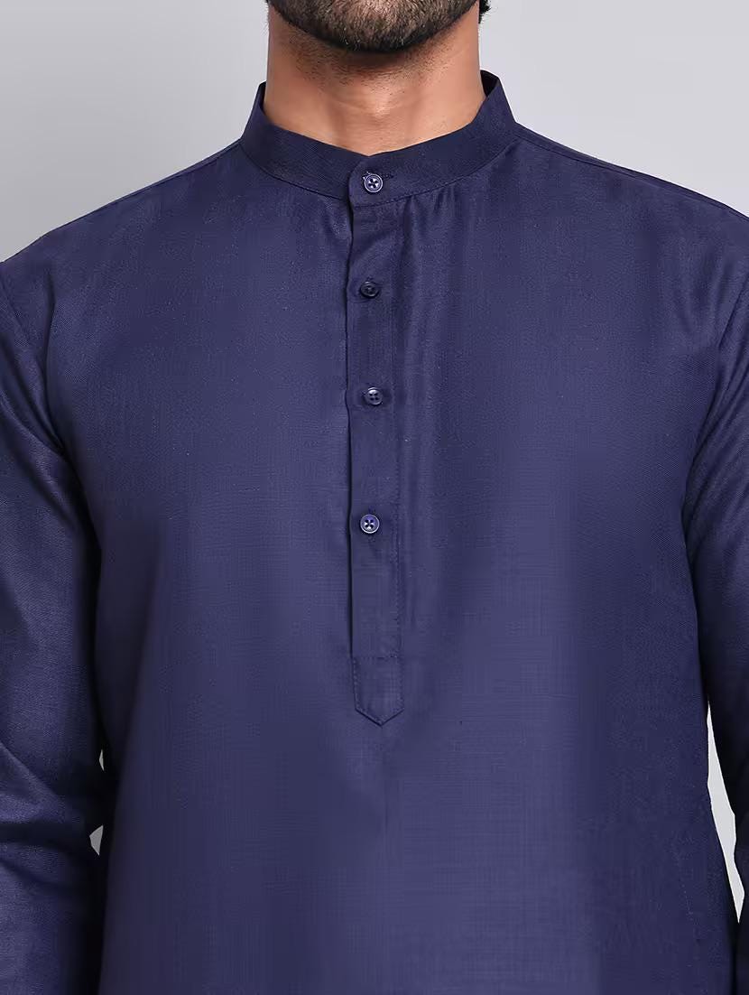 Men’s Navy Blue Solid Cotton Kurta Set