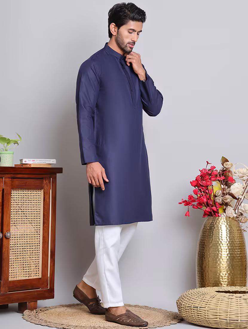 Men’s Navy Blue Solid Cotton Kurta Set