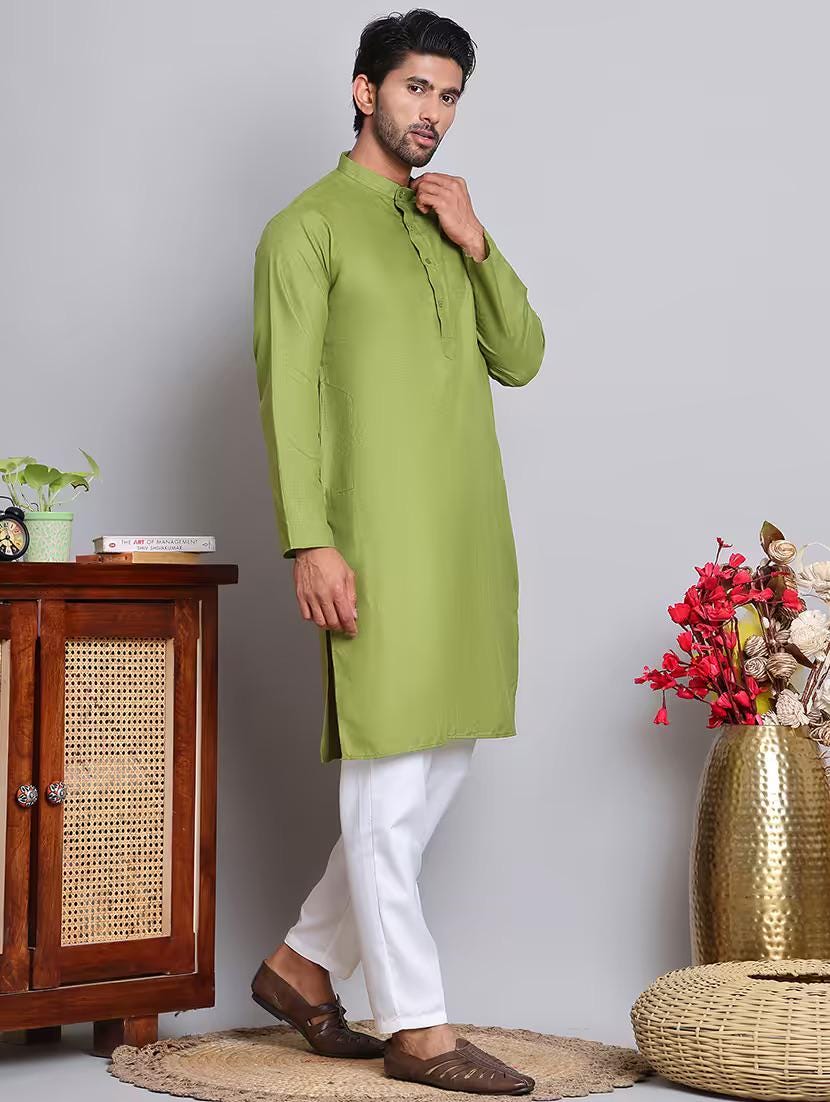 Men’s Green Solid Cotton Kurta Set