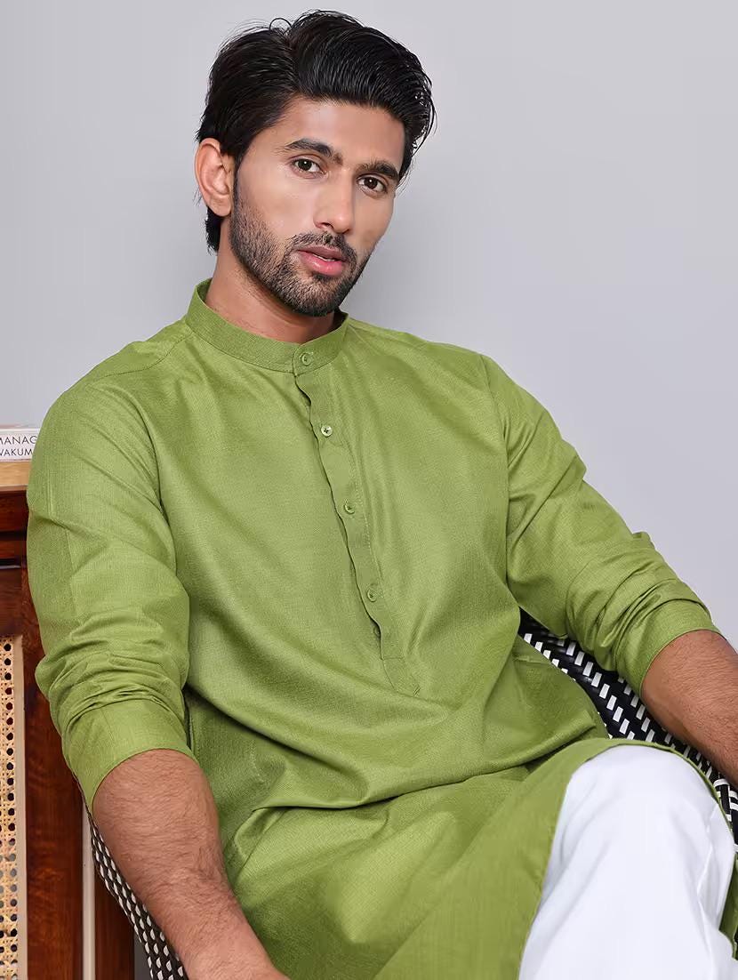 Men’s Green Solid Cotton Kurta Set