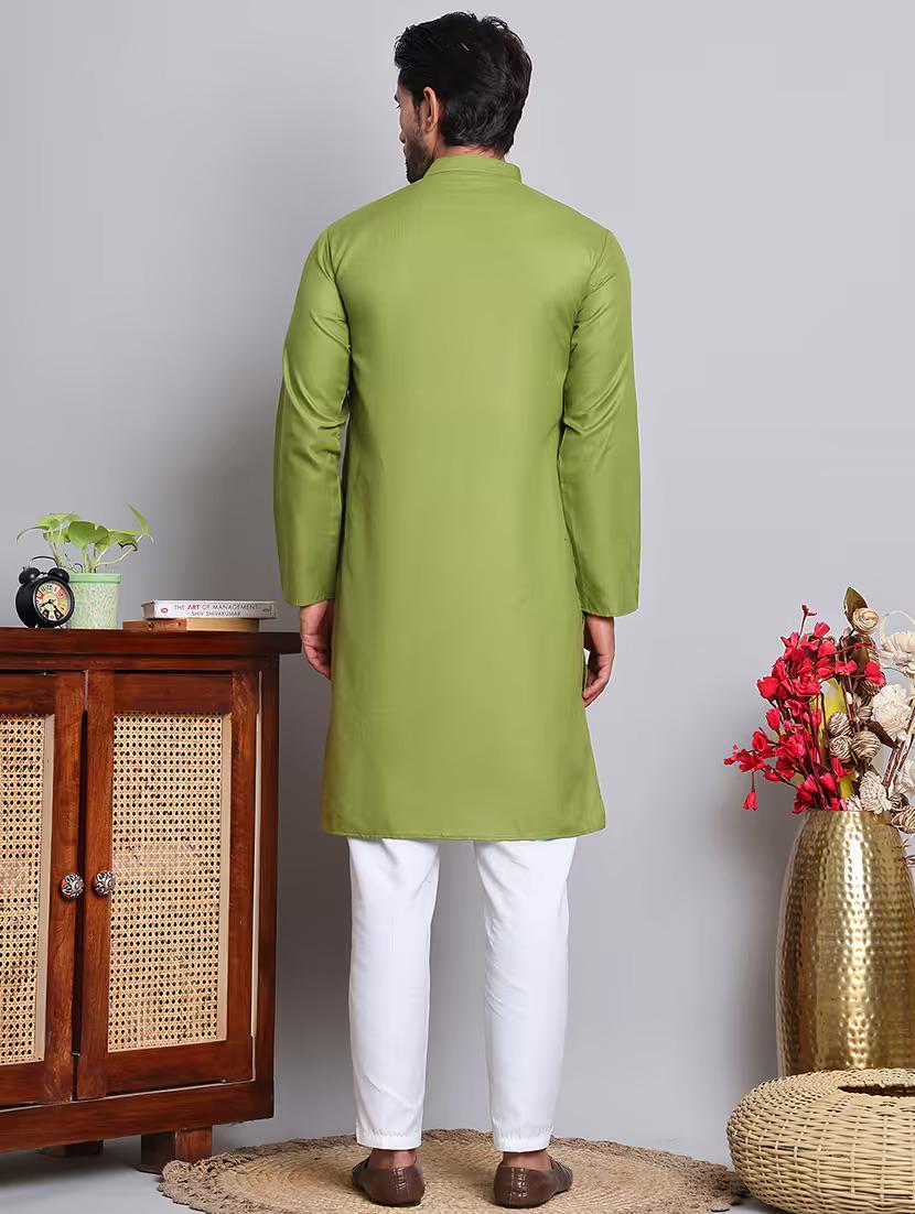 Men’s Green Solid Cotton Kurta Set