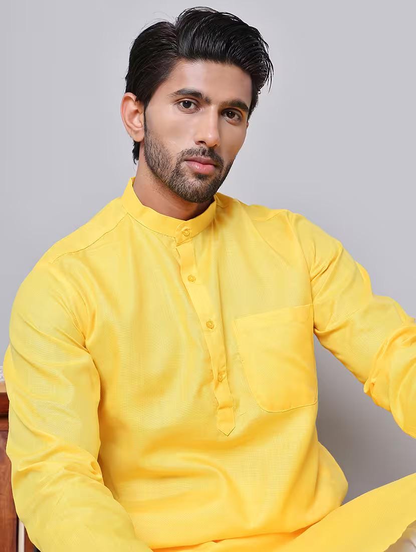 Men’s Yellow Solid Cotton Kurta Set