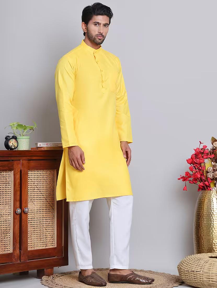 Men’s Yellow Solid Cotton Kurta Set