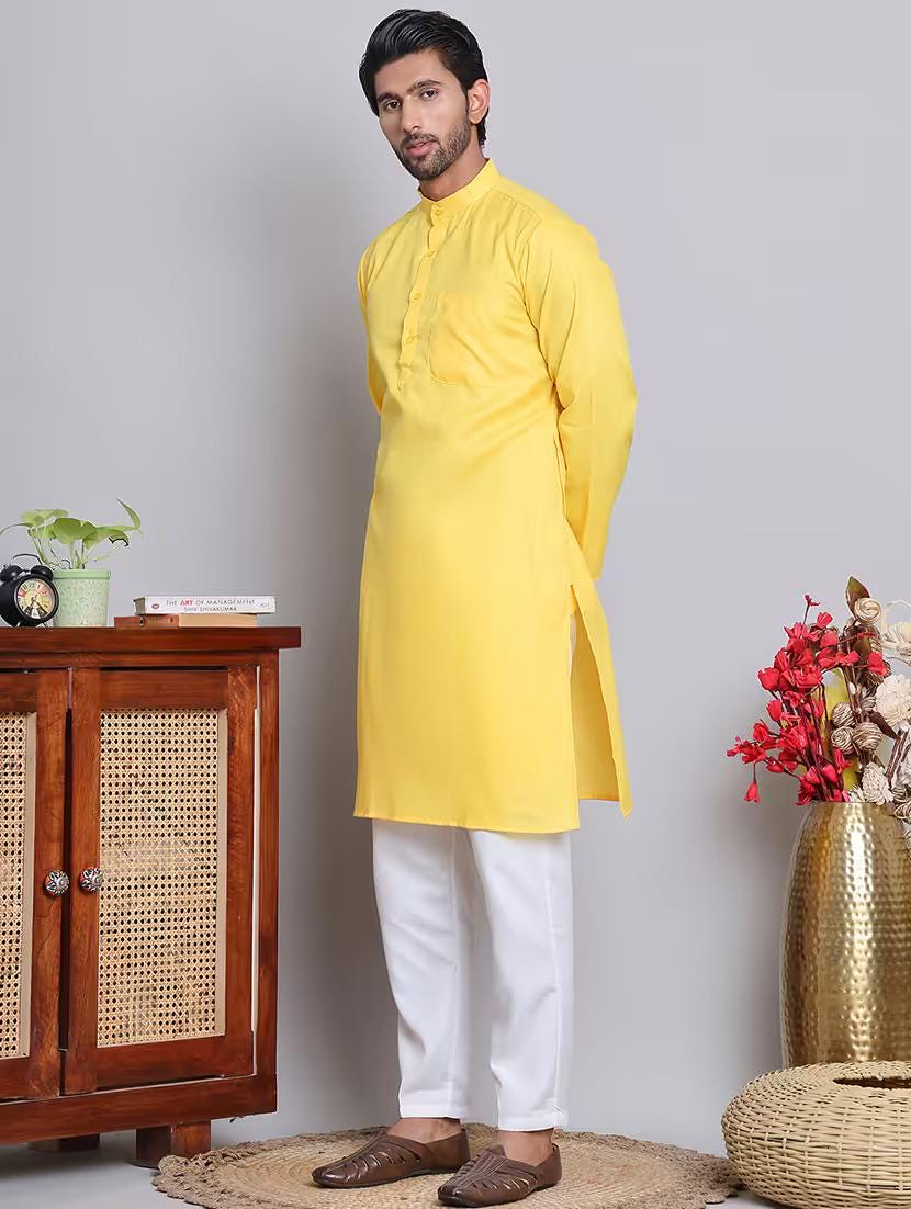 Men’s Yellow Solid Cotton Kurta Set