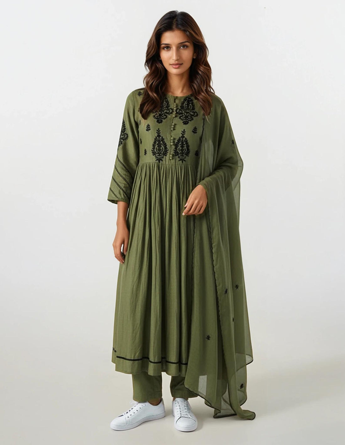 Hand Embroidered Mul Chanderi Suit: Green Kurti with Kota Dupatta