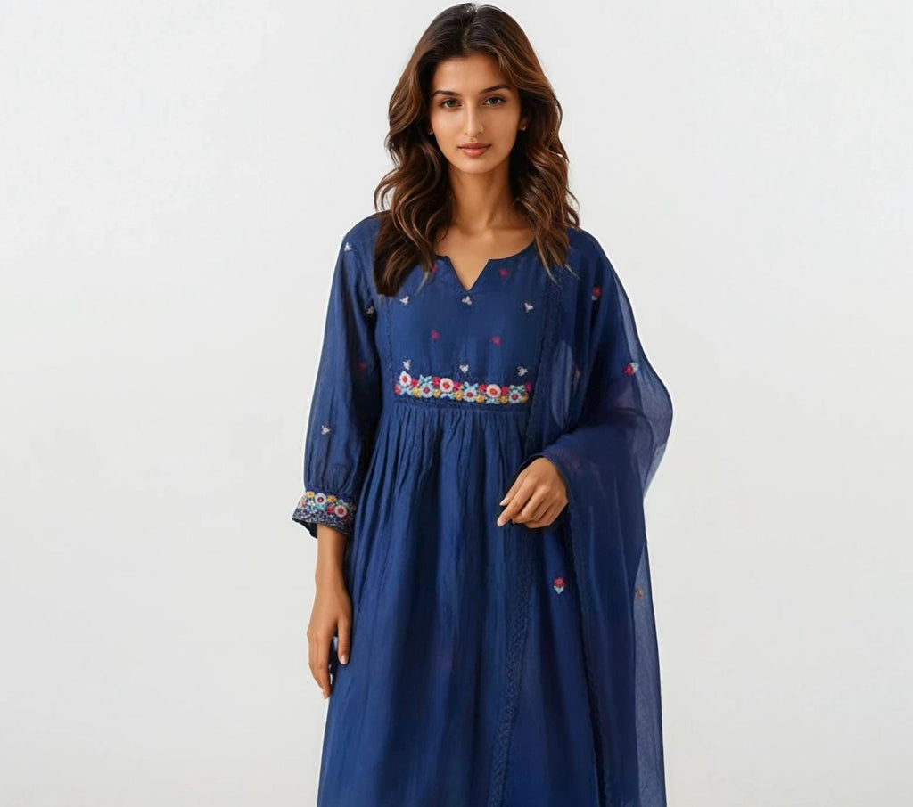 Hand Embroidered Mul Chanderi Suit with Kota Dupatta: Navy Blue A-Line Kurti
