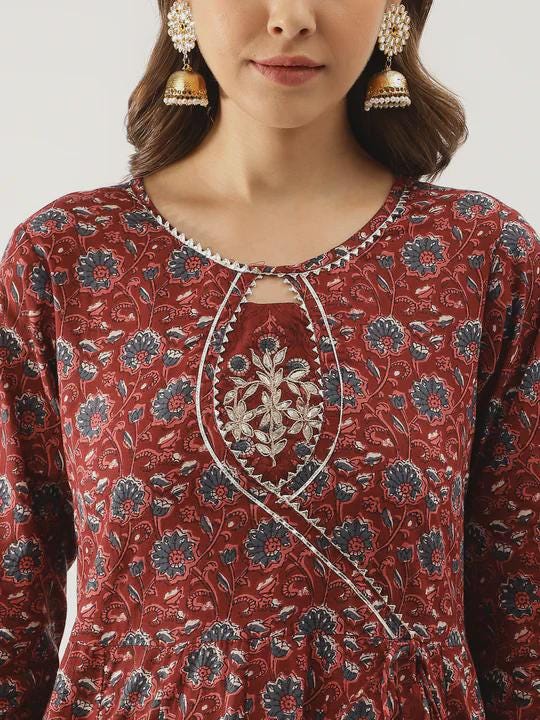 Maroon Cotton Anarkali Kurta Set: Gotta Patti Embroidery