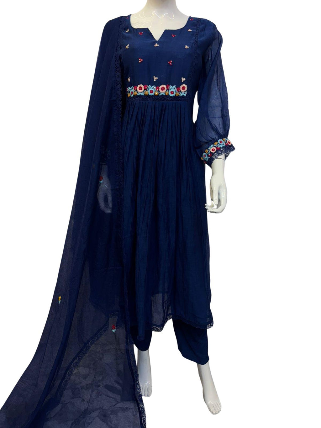 Hand Embroidered Mul Chanderi Suit with Kota Dupatta: Navy Blue A-Line Kurti