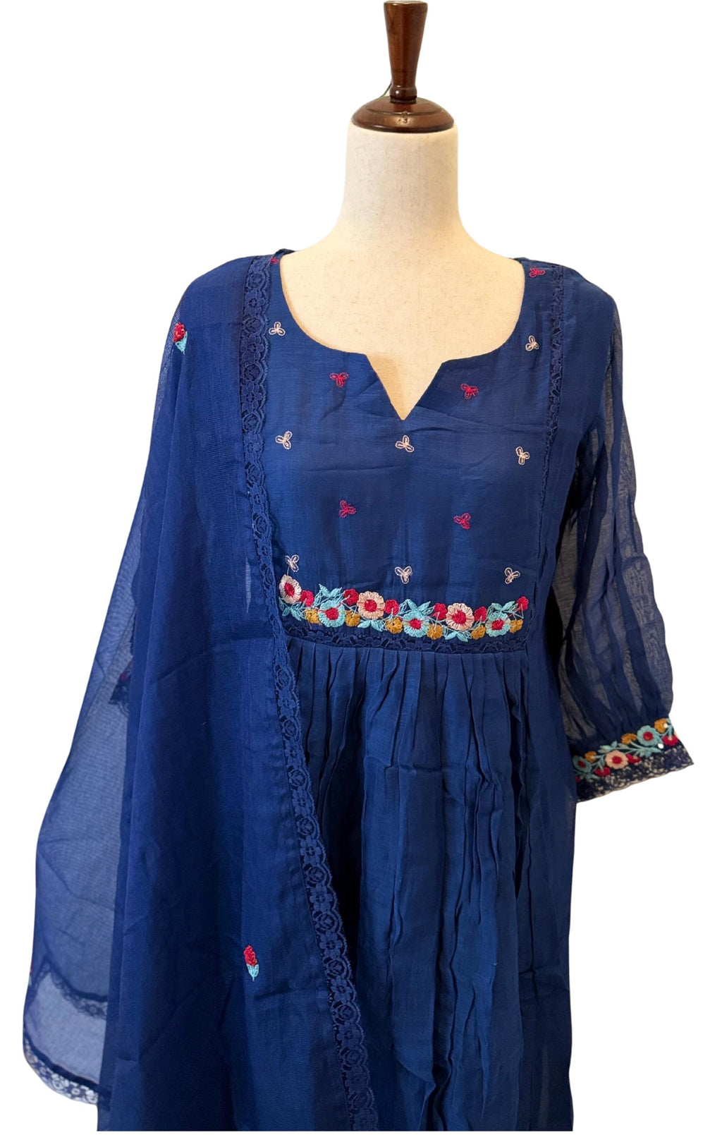 Hand Embroidered Mul Chanderi Suit with Kota Dupatta: Navy Blue A-Line Kurti