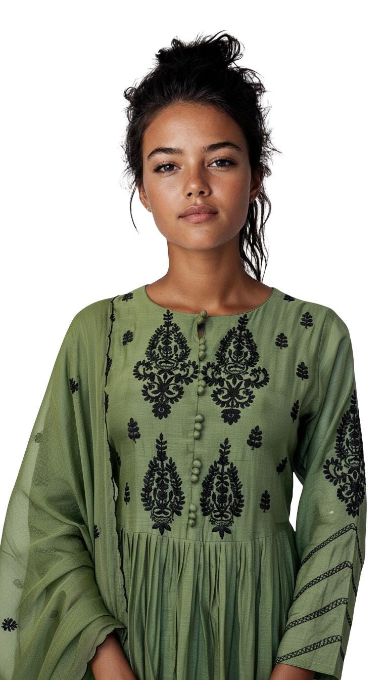 Hand Embroidered Mul Chanderi Suit: Green Kurti with Kota Dupatta