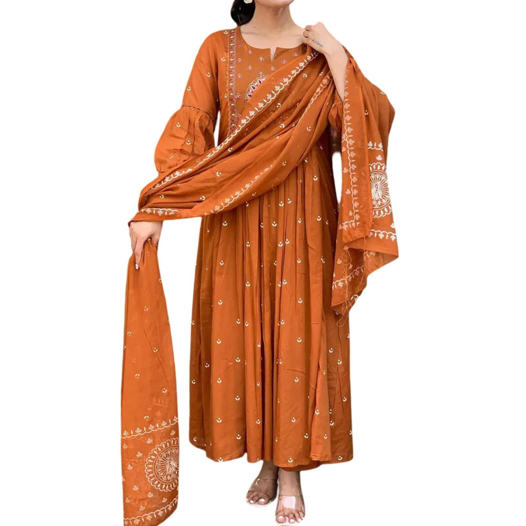 Rust Orange Cotton Kurti Set: Embroidered Indian Suit
